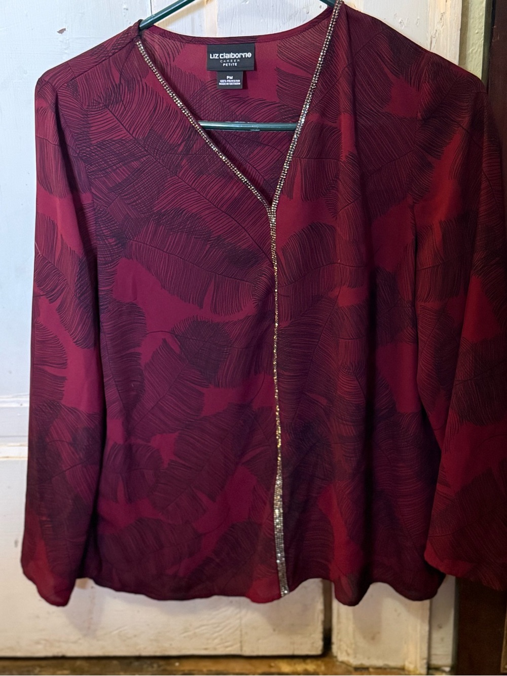 Liz Claiborne Burgundy Patterned Open Jacket with Metallic Trim